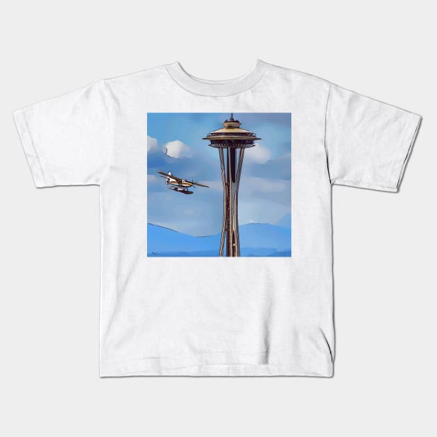 Seaplane landing past the Seattle Space Needle Kids T-Shirt by WelshDesigns